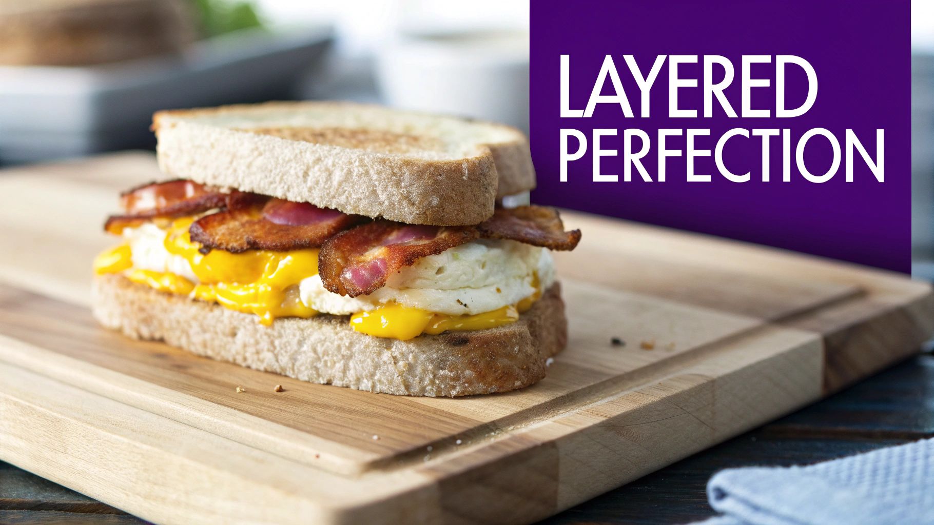 Delicious breakfast sandwich with crispy bacon, fried egg, and melted cheese on toasted white bread