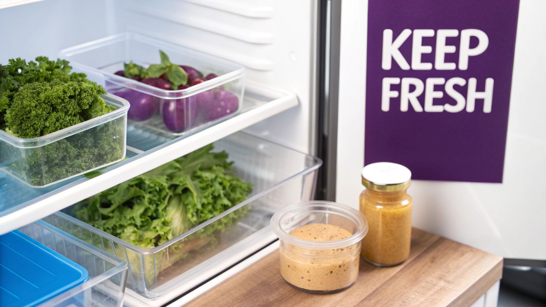 An open refrigerator with clear containers of fresh kale, lettuce, and purple vegetables. Dressings on a board.