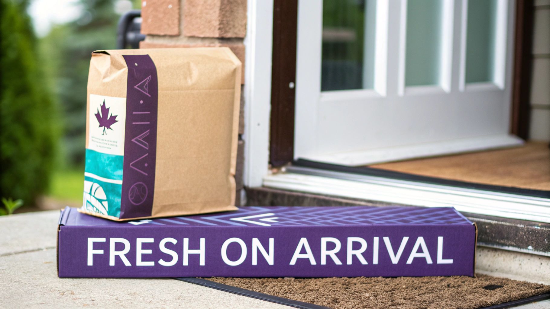Coffee subscription delivery box on doorstep with fresh on arrival branding and packaging