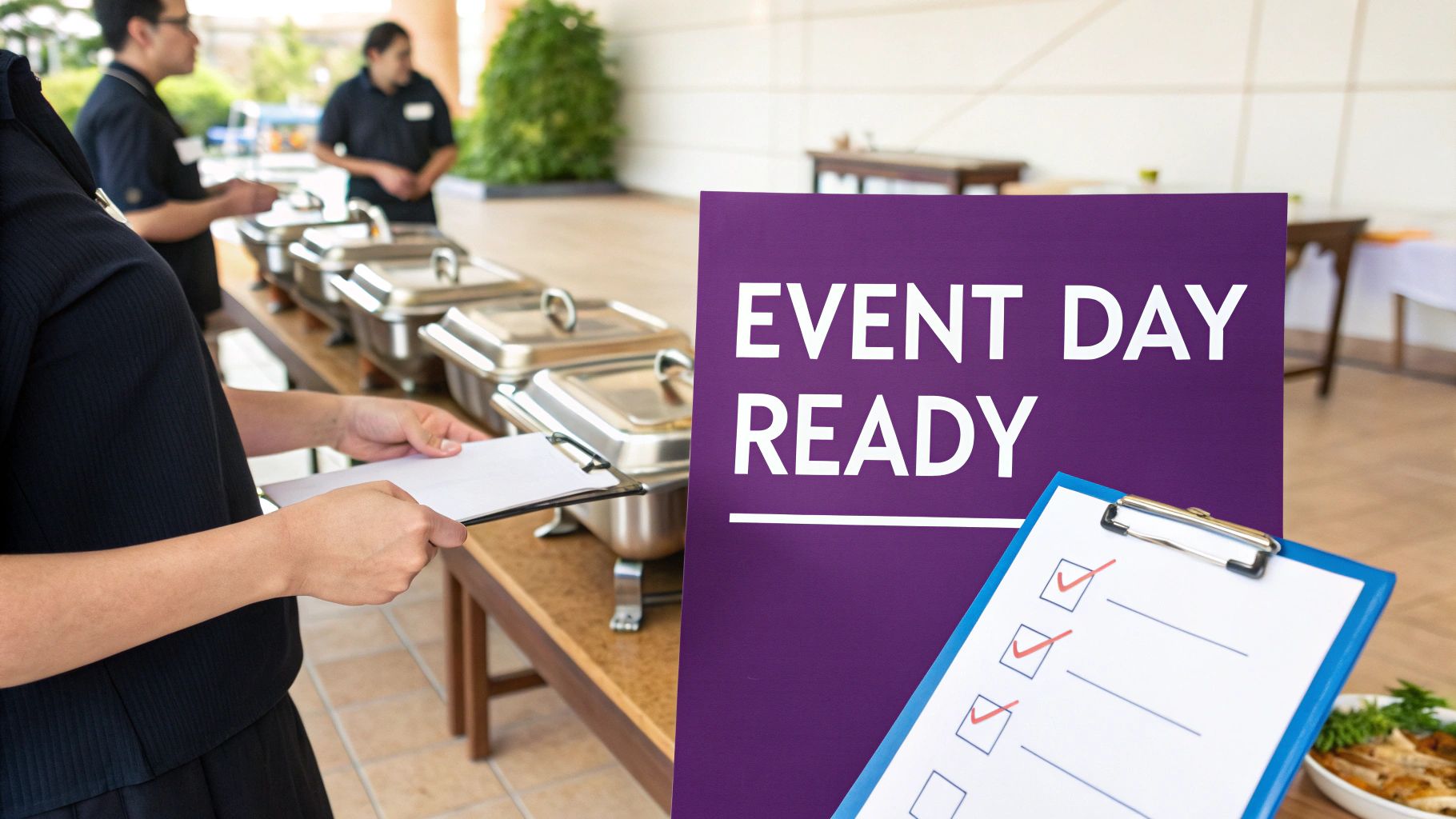 Catering staff preparing buffet service with checklists for event day readiness and food setup