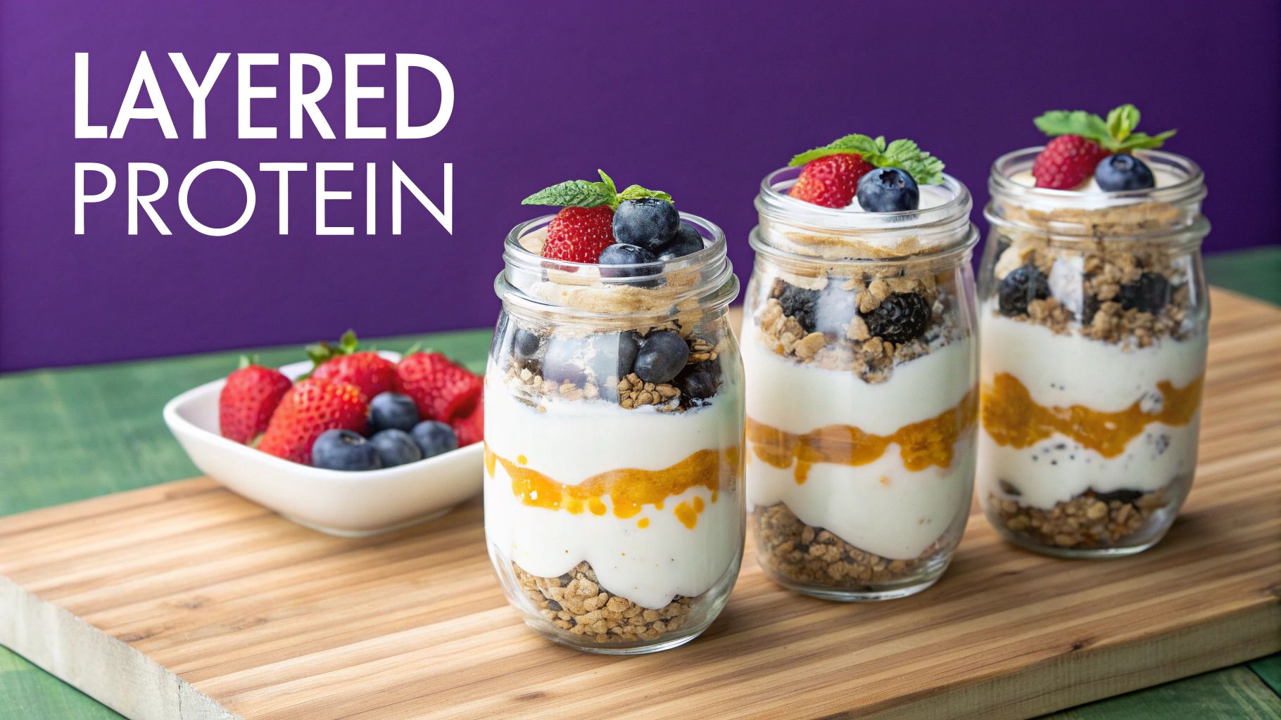 Layered protein parfait jars with yogurt, granola, berries and honey on a wooden board