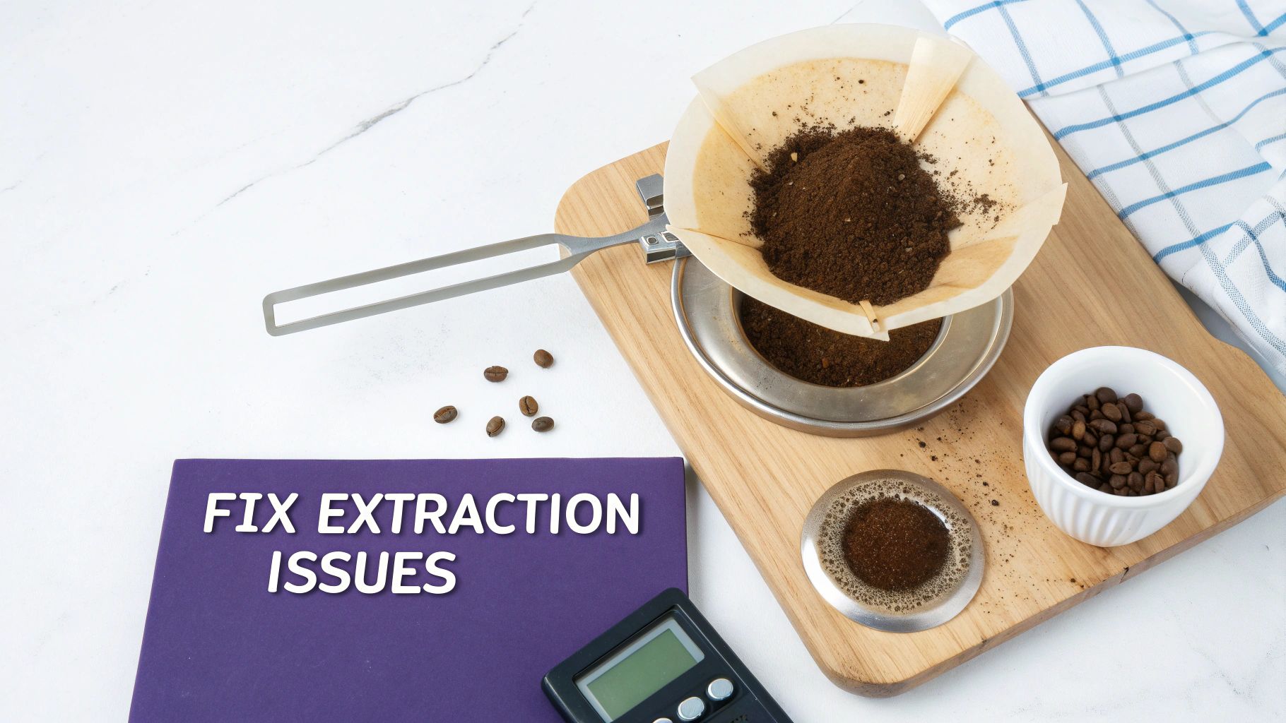 A Chemex brewer sitting on a wooden surface with coffee beans scattered around it.