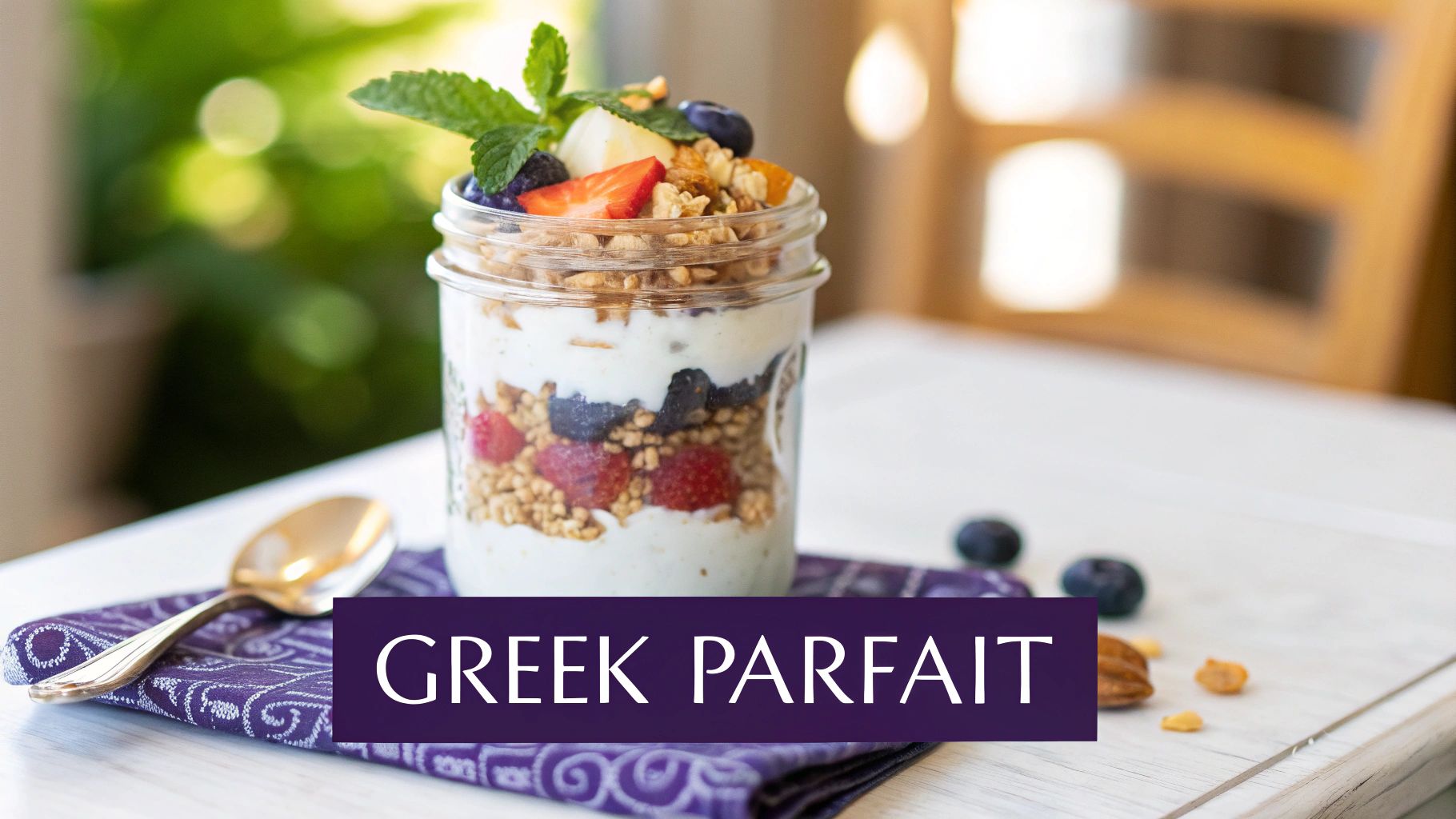 Greek parfait with yogurt, granola, fresh berries and mint in glass jar for breakfast