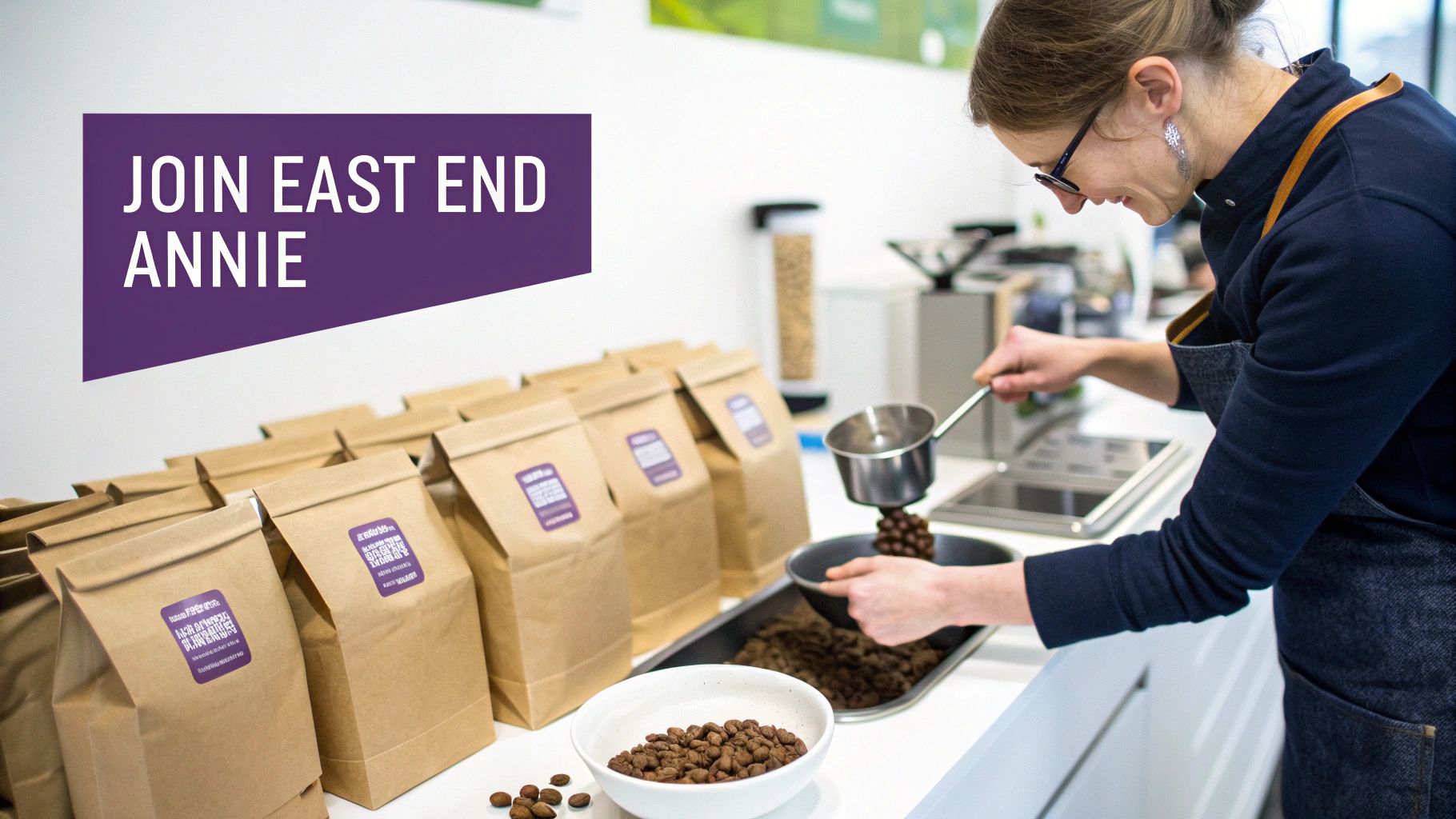 Woman packaging artisan coffee beans into brown paper bags for East End Annie subscription service