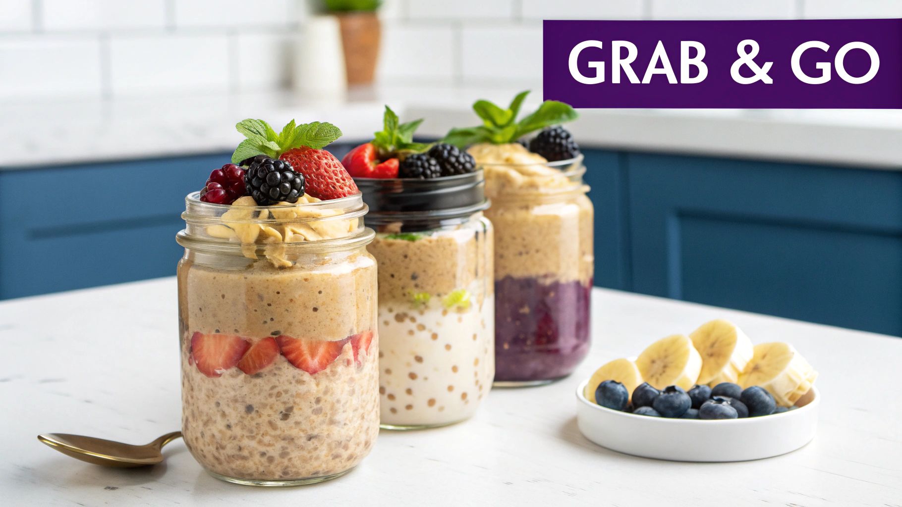Overnight oats in glass jars layered with fresh berries and nut butter, healthy grab and go breakfast