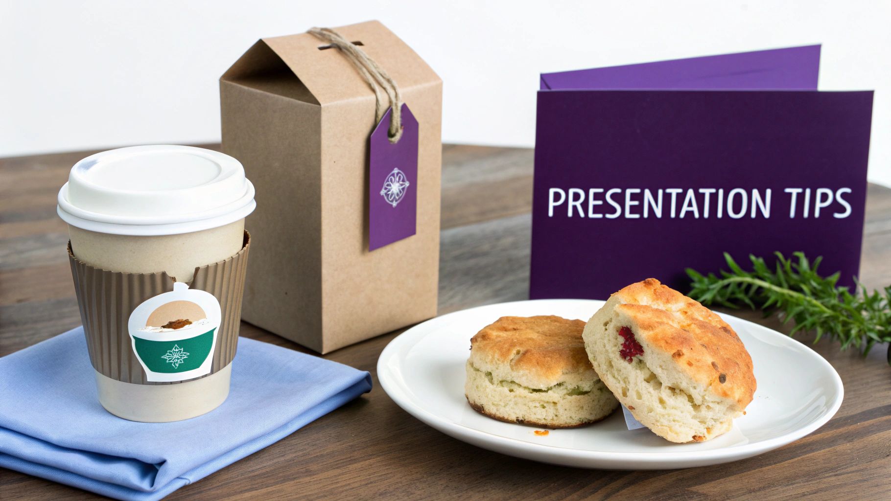 A coffee cup with a sleeve, a brown gift box, a purple 'PRESENTATION TIPS' folder, and two scones on a white plate.