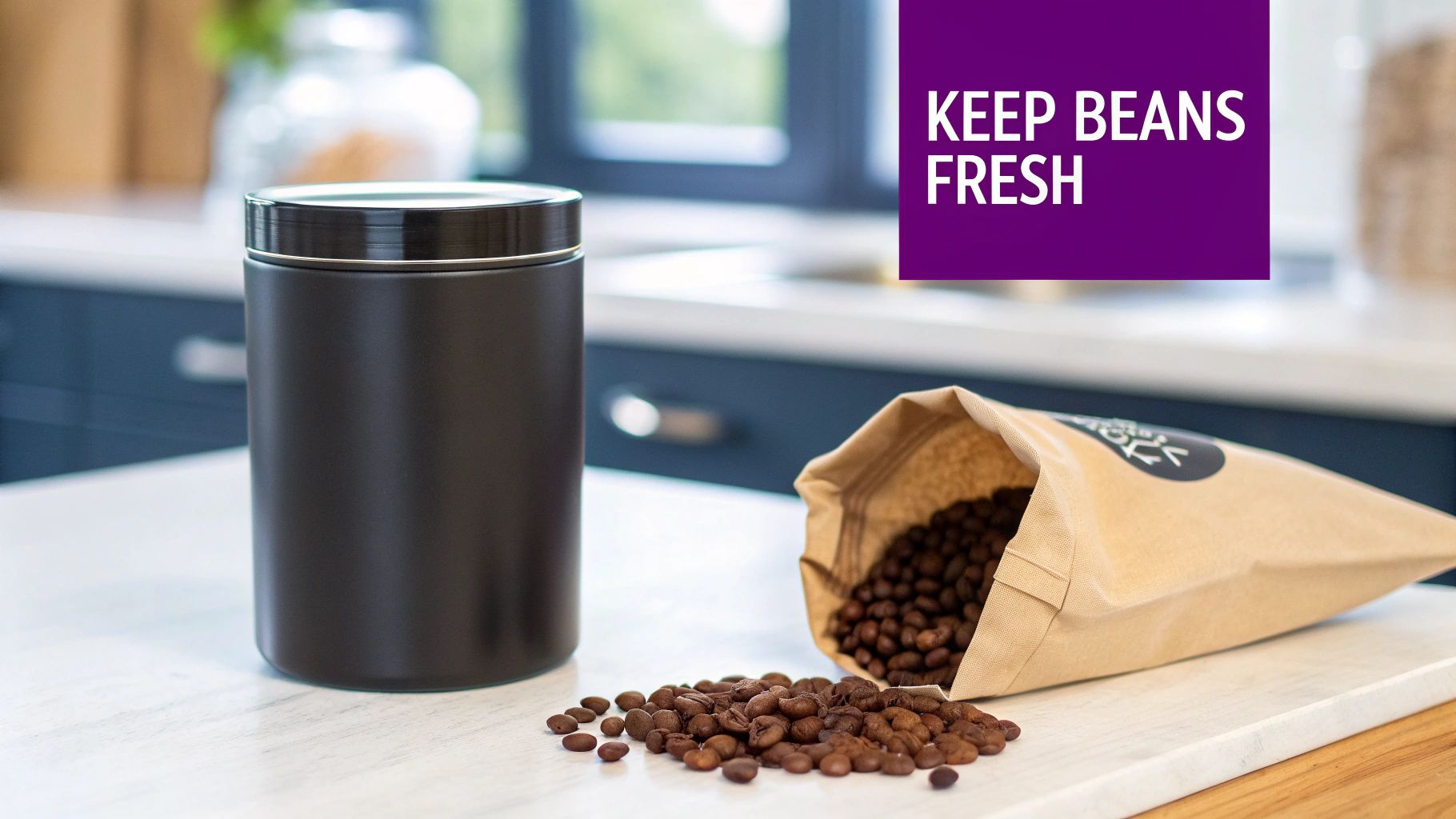 A scoop of fresh, dark coffee beans next to a storage container.