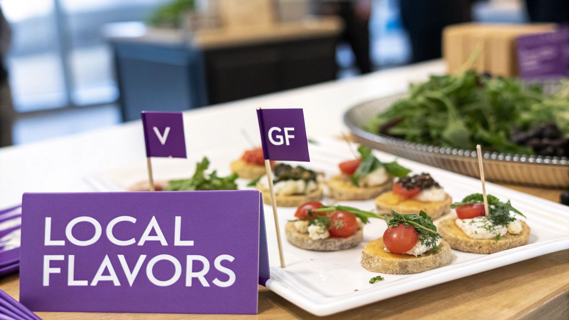 Catered appetizer platter with gluten-free and vegan options labeled with purple flags and local flavors sign