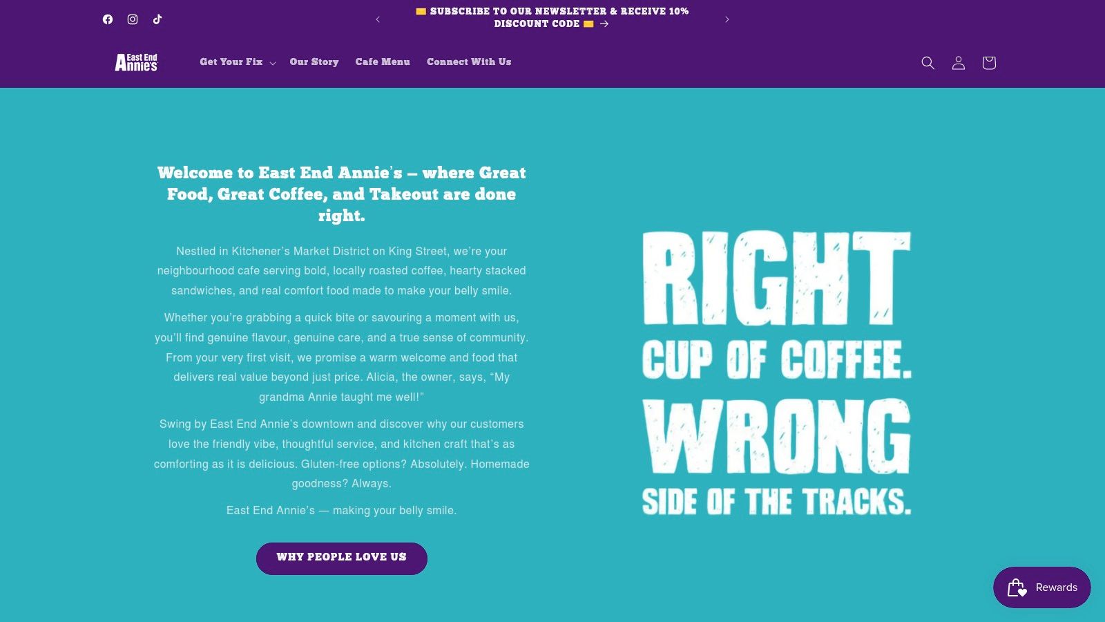 A screenshot of the East End Annie's website, showing their coffee products and cafe branding.