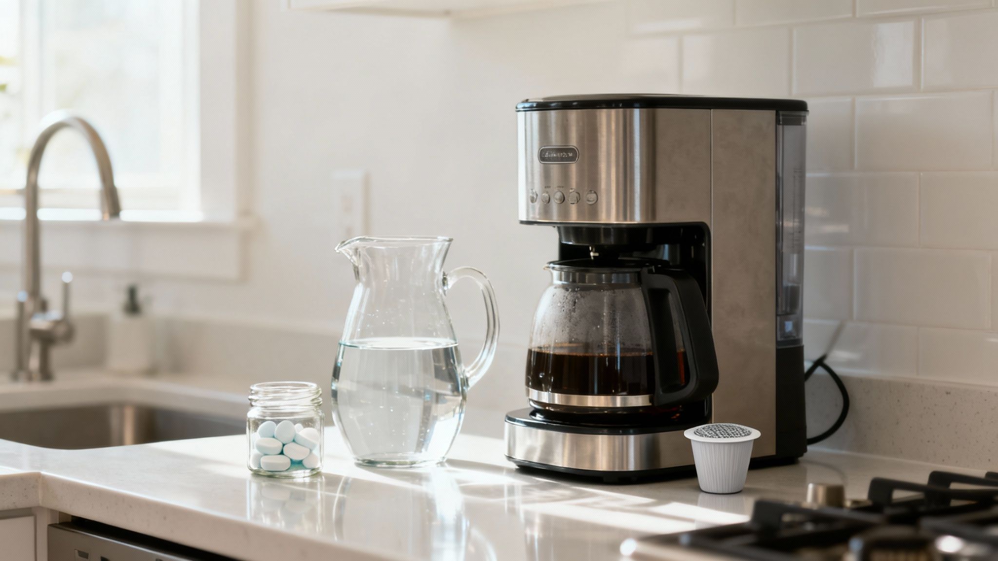 A stainless steel coffee maker, a glass pitcher of water, and a jar of tablets on a kitchen counter.