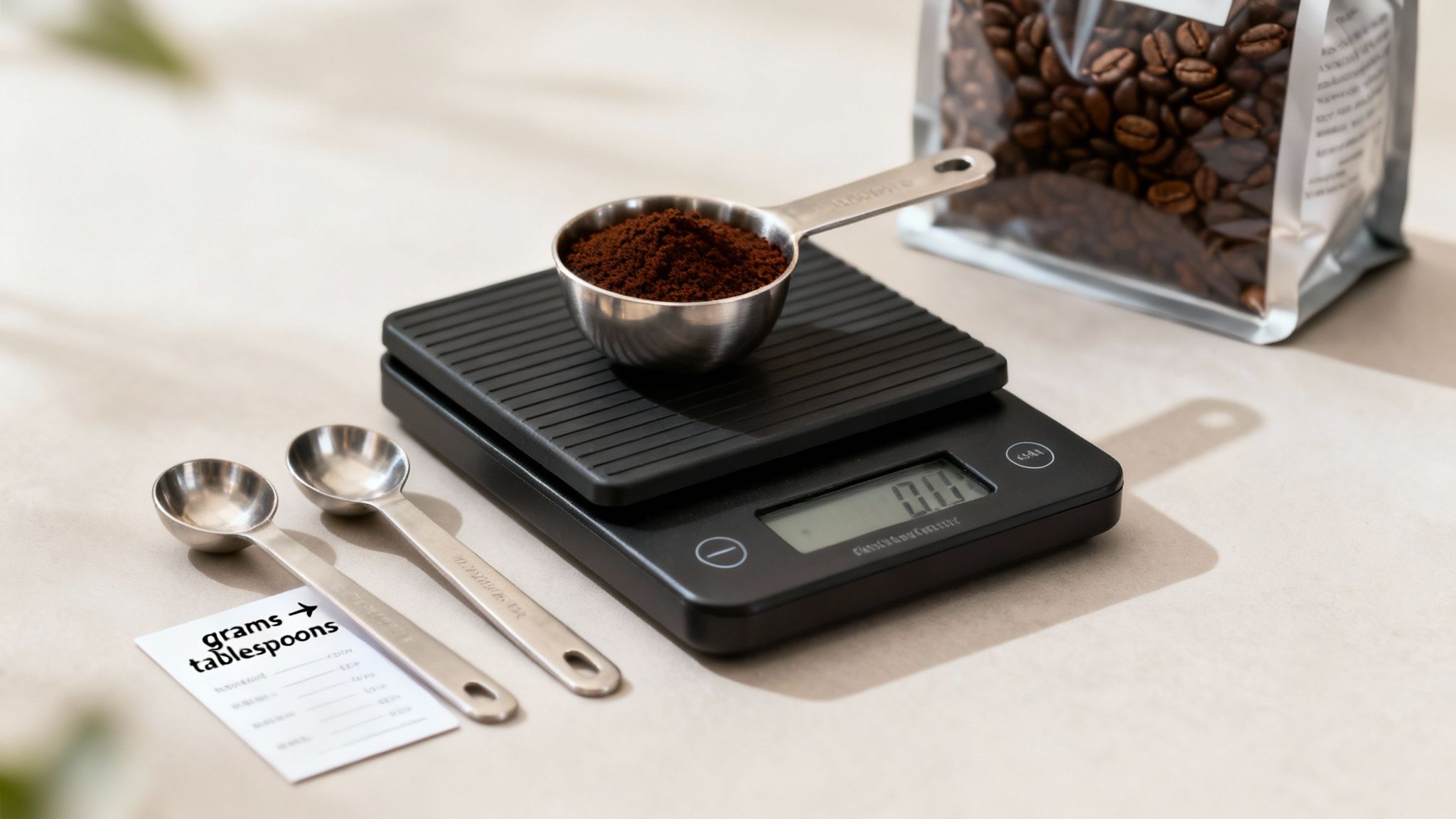 Coffee grounds in a measuring scoop on a digital scale with coffee beans and spoons.