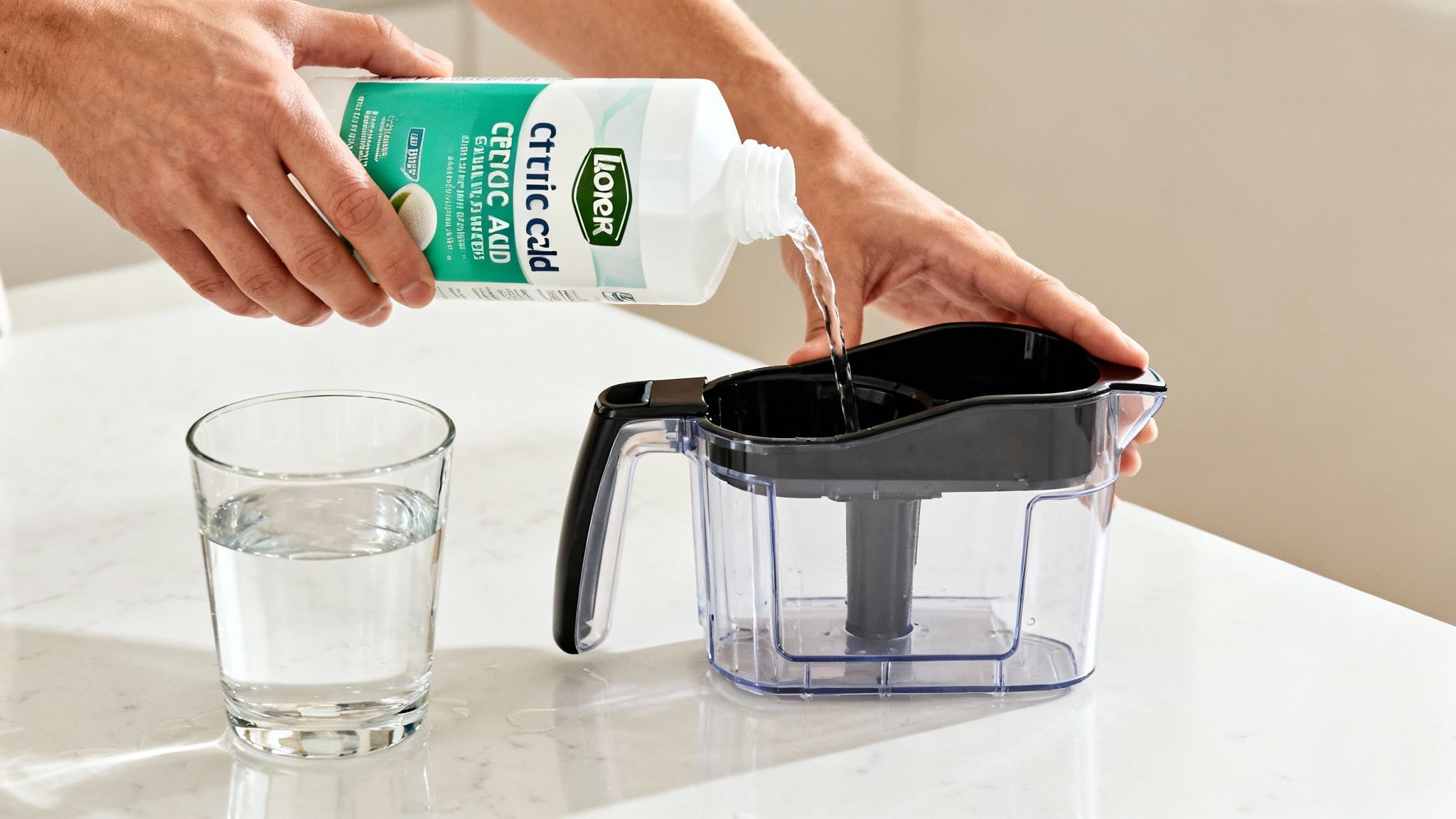 A person pours liquid citric acid from a bottle into a clear pitcher on a white countertop.