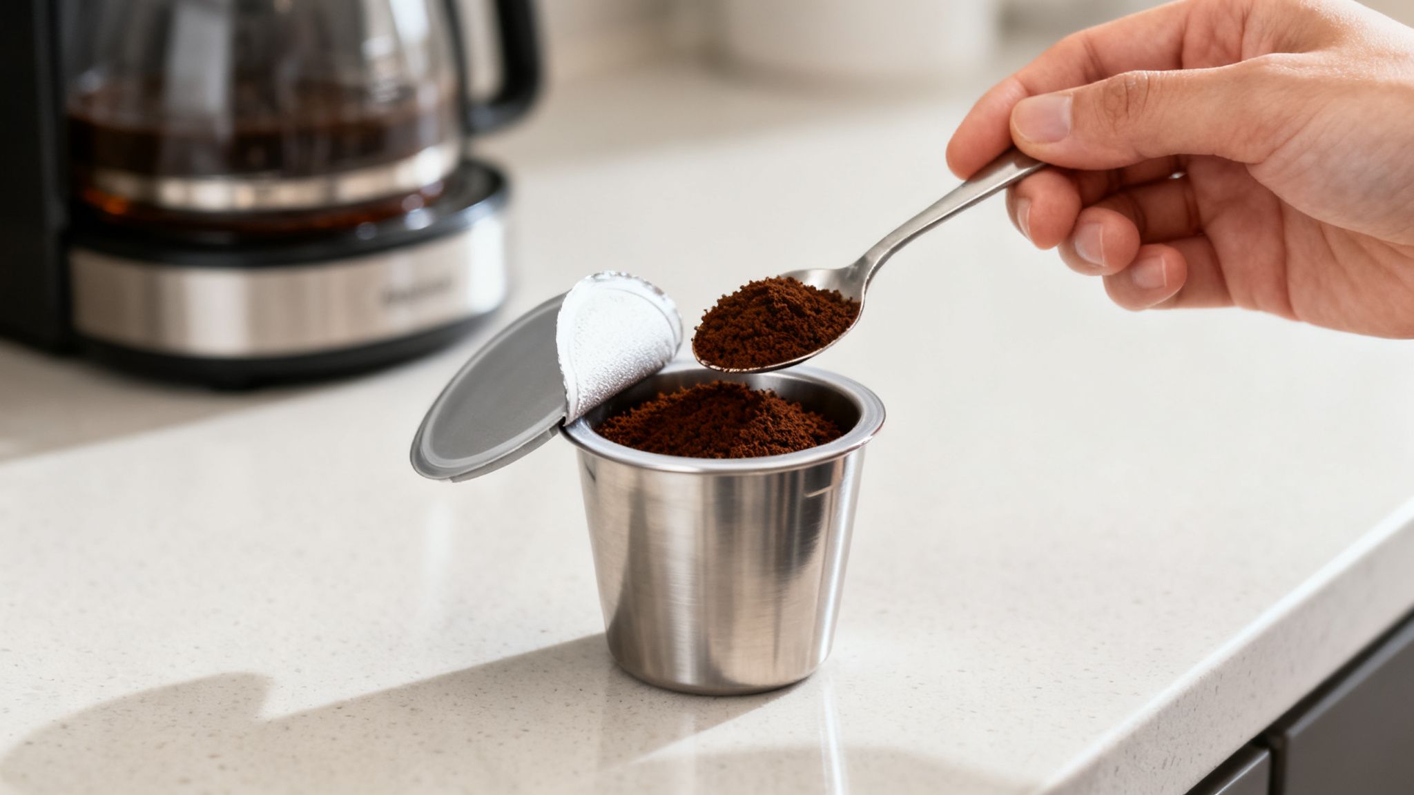 A hand spoons coffee grounds into a reusable metal coffee pod, with a coffee maker in the background.
