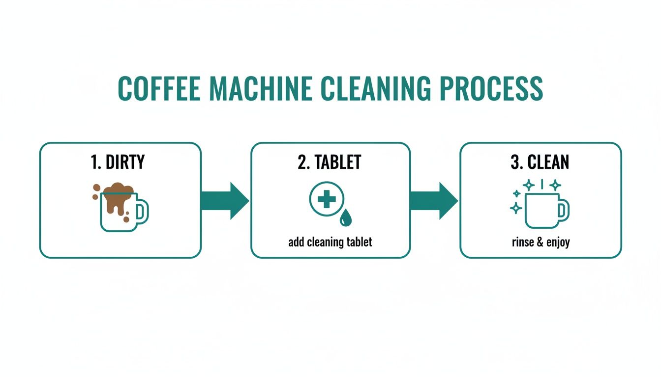 A visual step-by-step guide illustrating a coffee machine cleaning process using tablets.