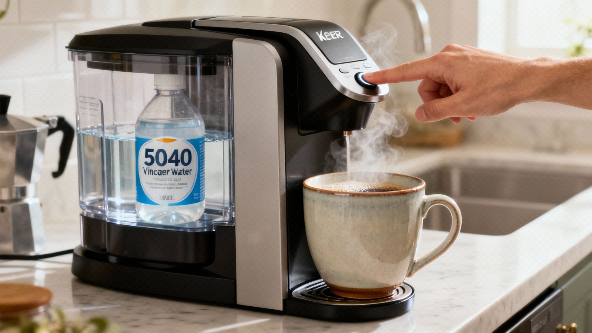A hand presses a button on a coffee machine, dispensing steaming coffee, with a bottle of "Vinegar Water" in its reservoir.