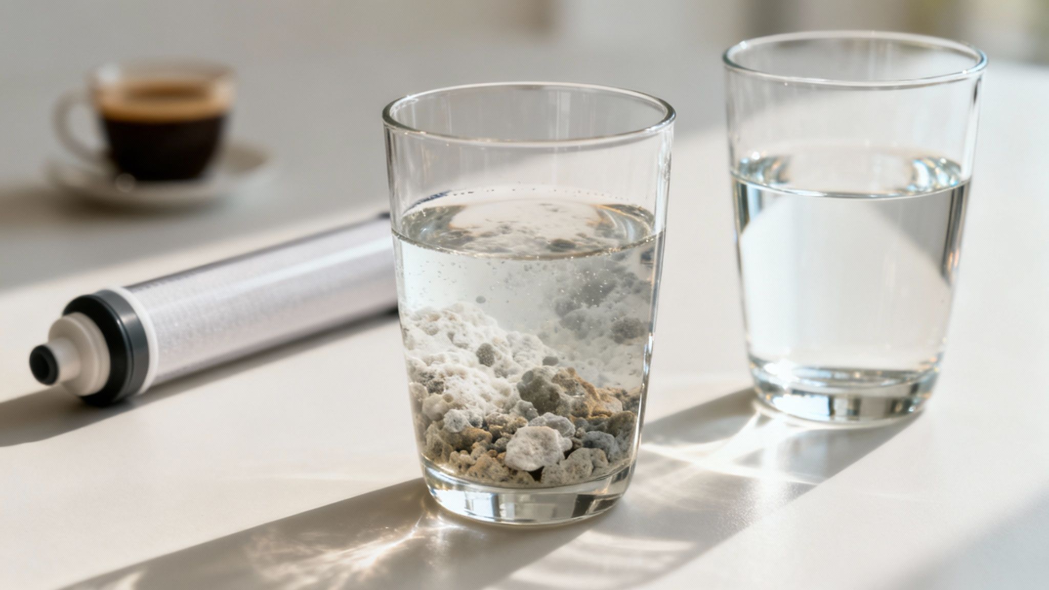 Two glasses of water, one with dirty sediment, the other clean, next to a water filter.