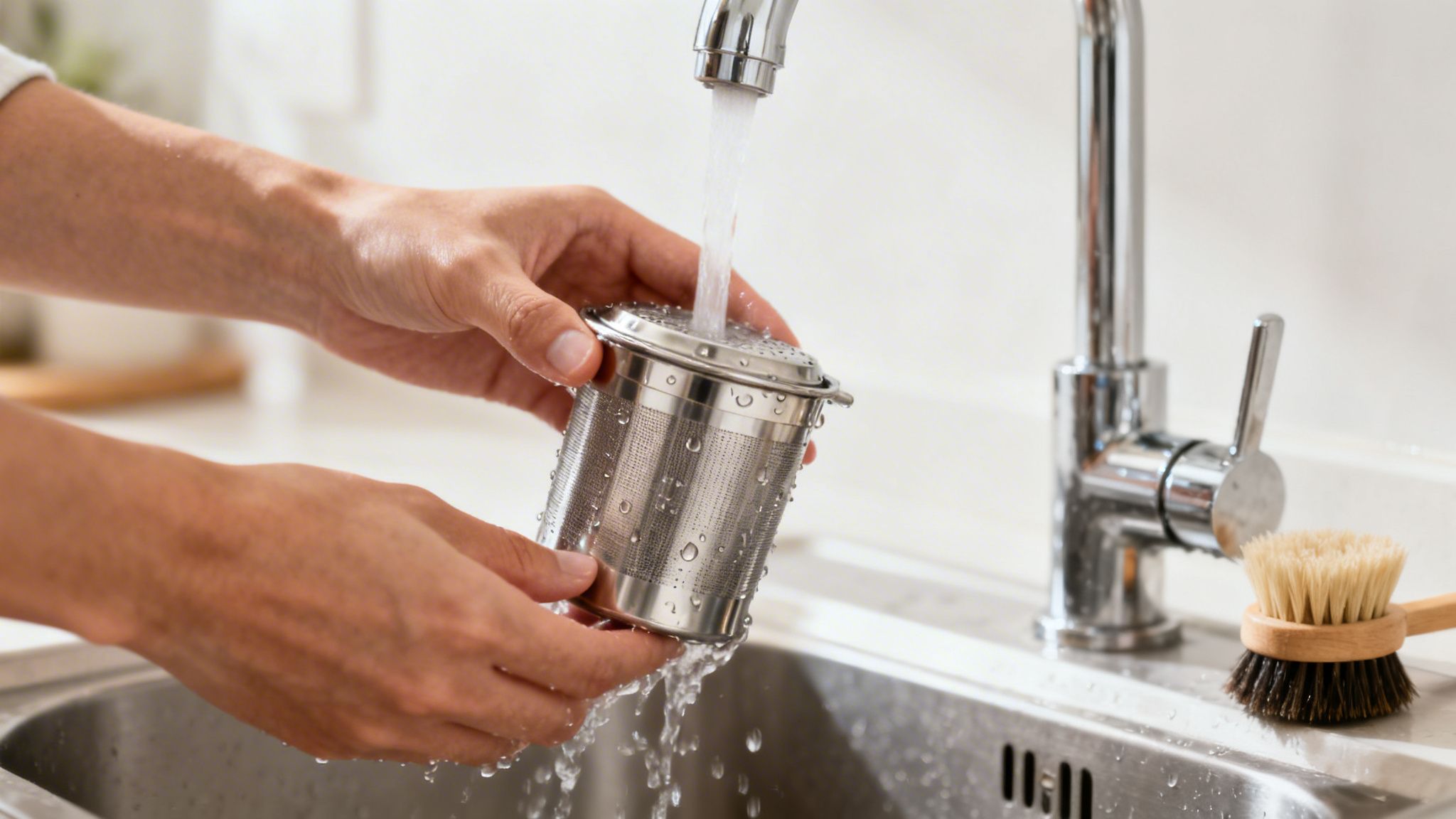 Hands rinsing a reusable metal coffee filter or tea infuser under running water in a kitchen sink.