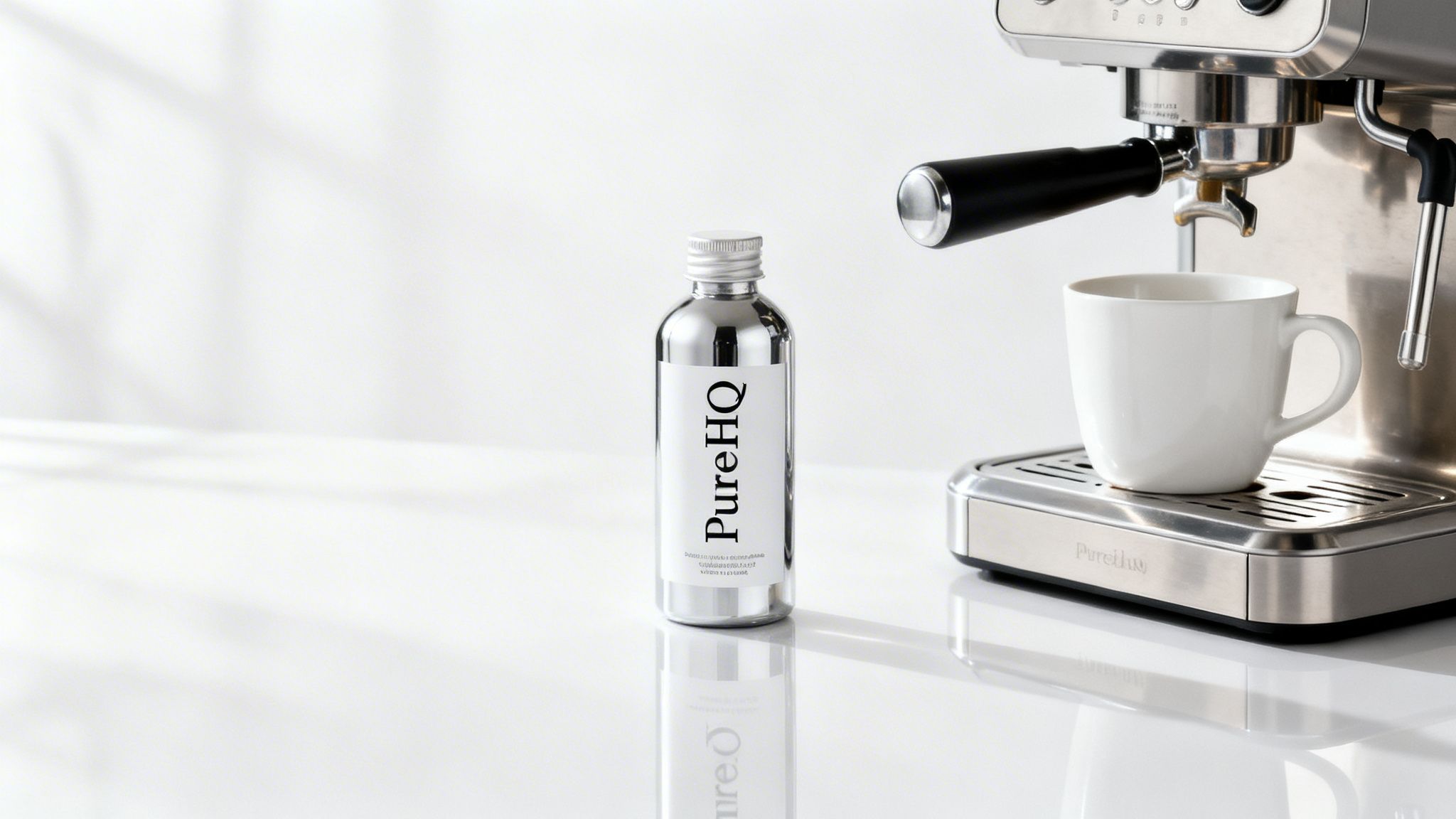 A silver PureHQ bottle stands next to a stainless steel espresso machine with a white mug.