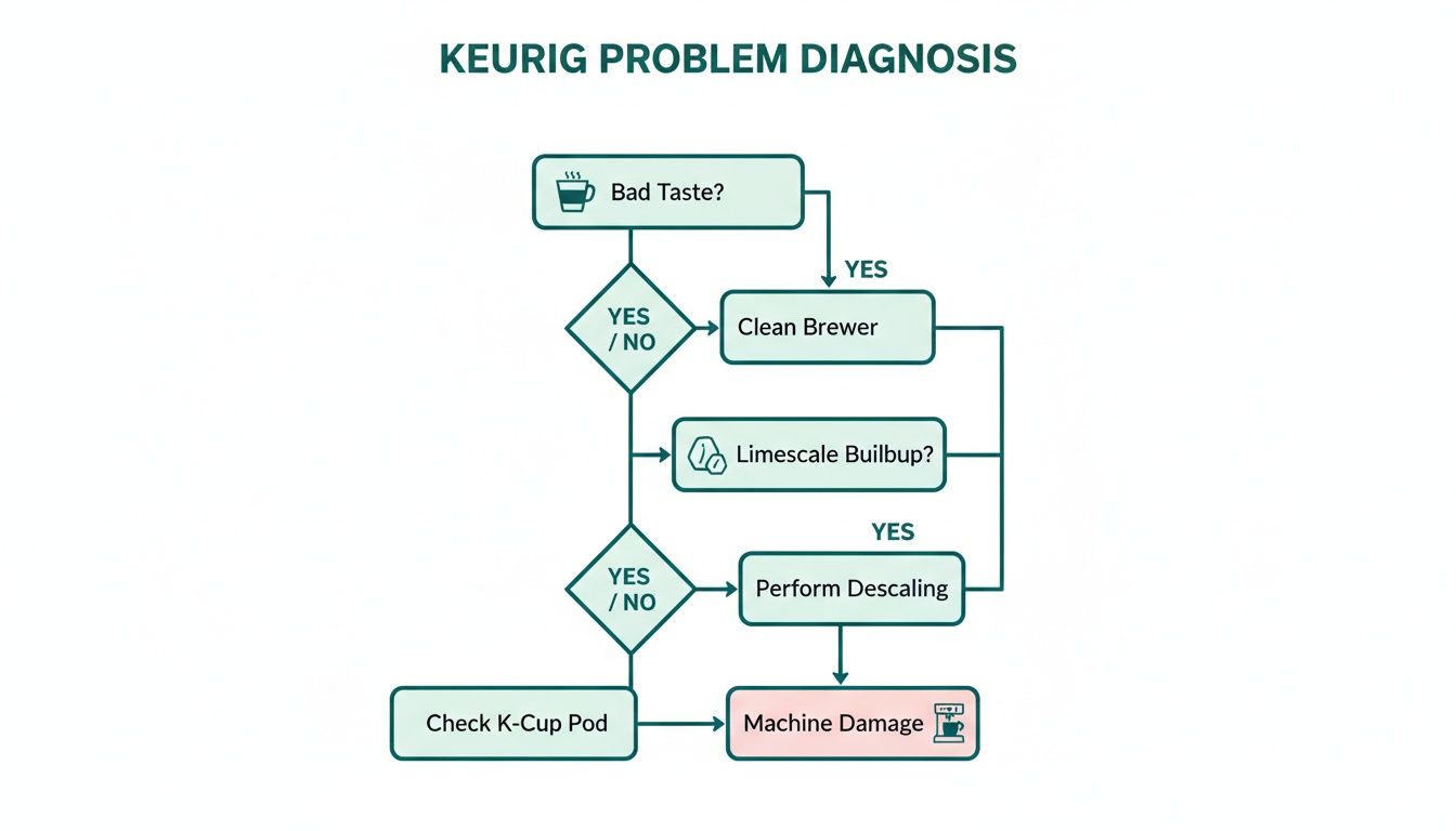 A flowchart outlining Keurig problem diagnosis, including steps for bad taste, limescale buildup, and machine damage.