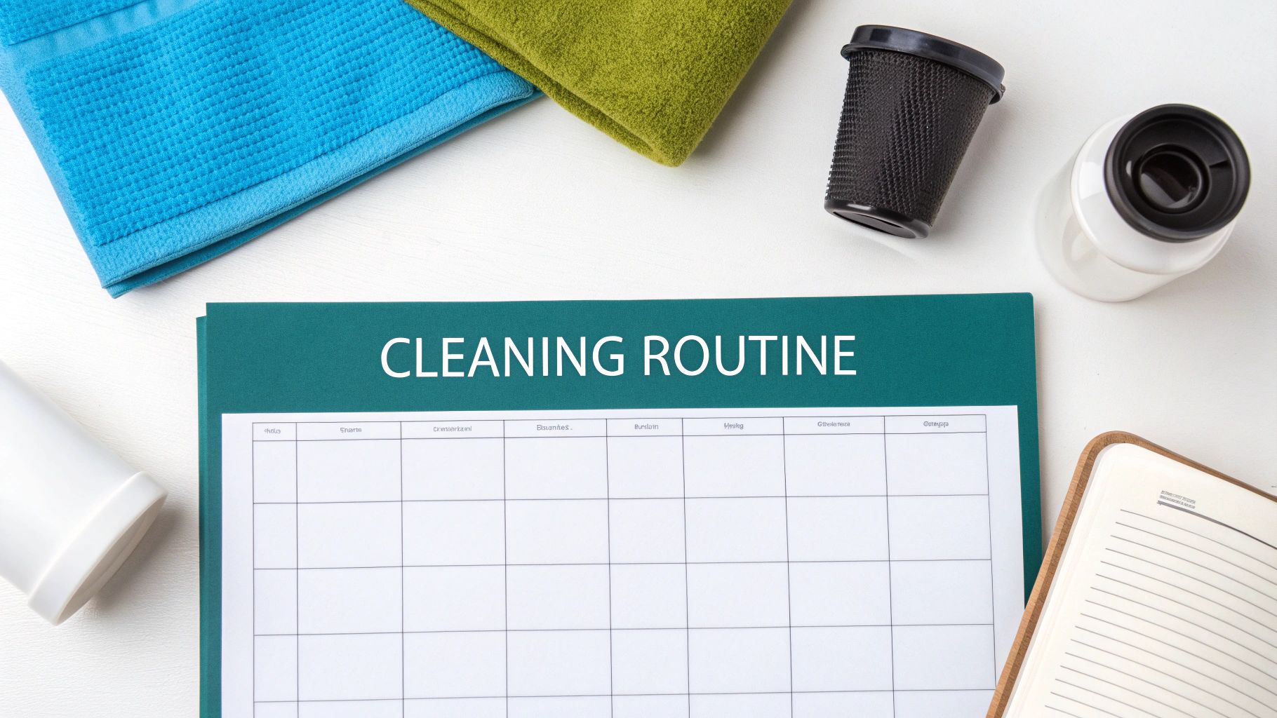 A flat lay showing a cleaning routine planner with cleaning cloths, a bottle, and a notebook on a white surface.