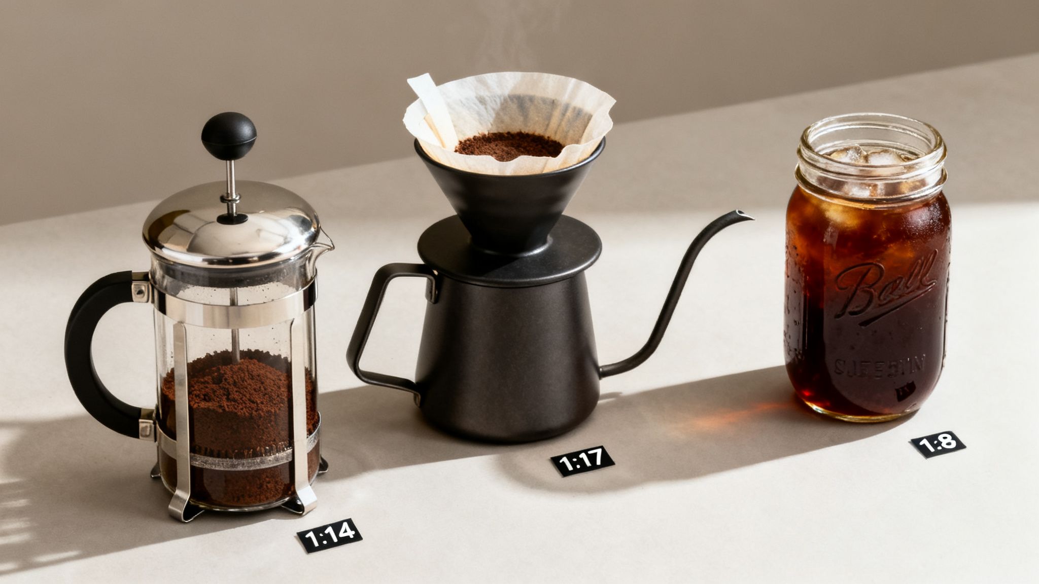 Three coffee brewing methods: French press, pour-over, and iced coffee, with coffee-to-water ratios.