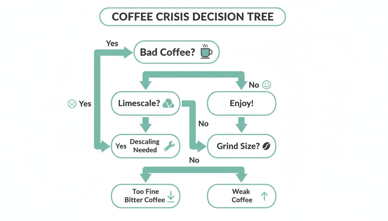 Coffee Crisis Decision Tree flowchart for troubleshooting bad coffee, limescale, and grind size issues.