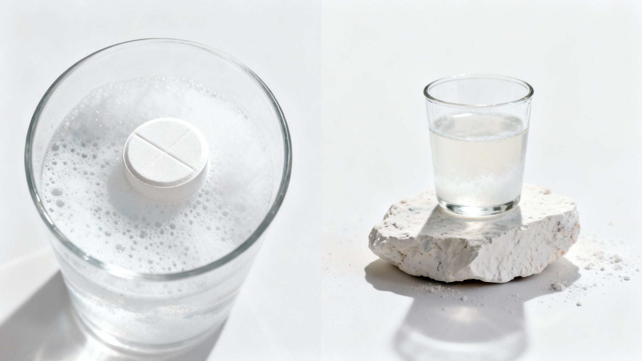 Effervescent cleaning tablet dissolving in a glass, with another glass showing dissolved residue on a stone.