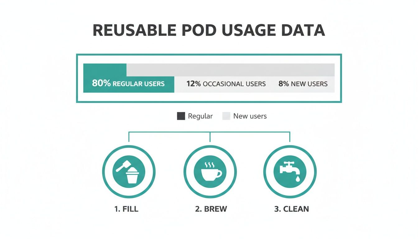 Infographic detailing reusable coffee pod usage: 80% regular, 12% occasional, 8% new, plus fill, brew, clean steps.