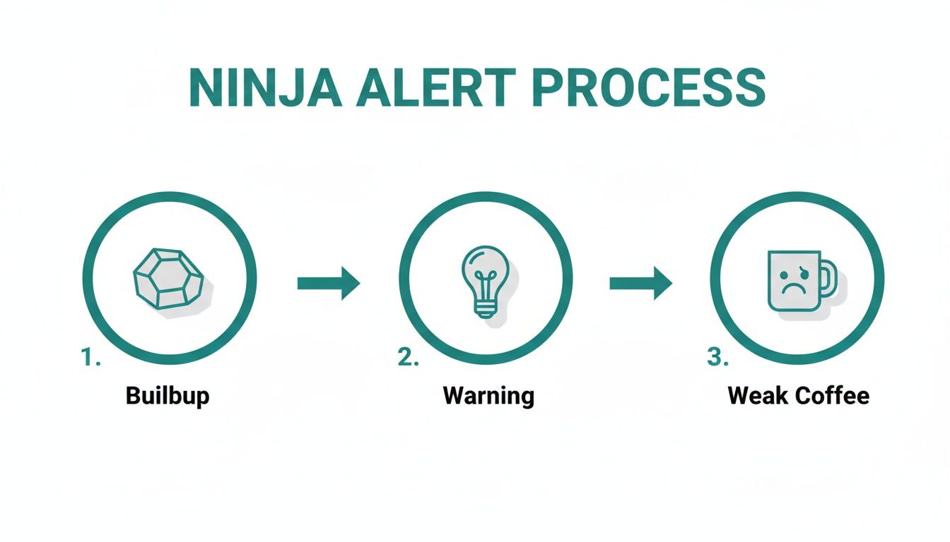 A three-step process diagram illustrating the Ninja Alert Process, with steps for buildup, warning, and weak coffee.
