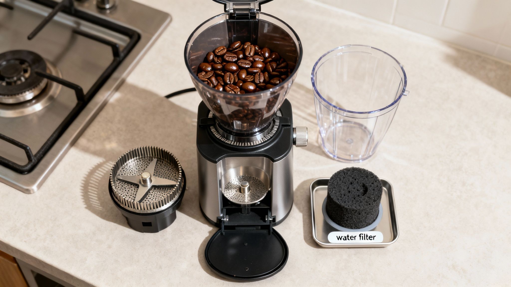 A coffee grinder filled with beans, its disassembled parts, and a water filter on a kitchen counter.