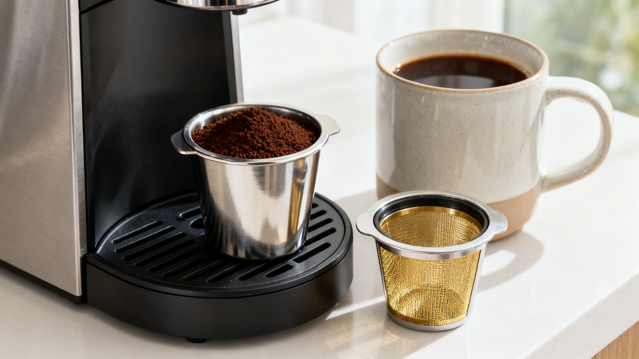 Reusable coffee filters with ground coffee on a coffee maker, next to a mug of brewed coffee.
