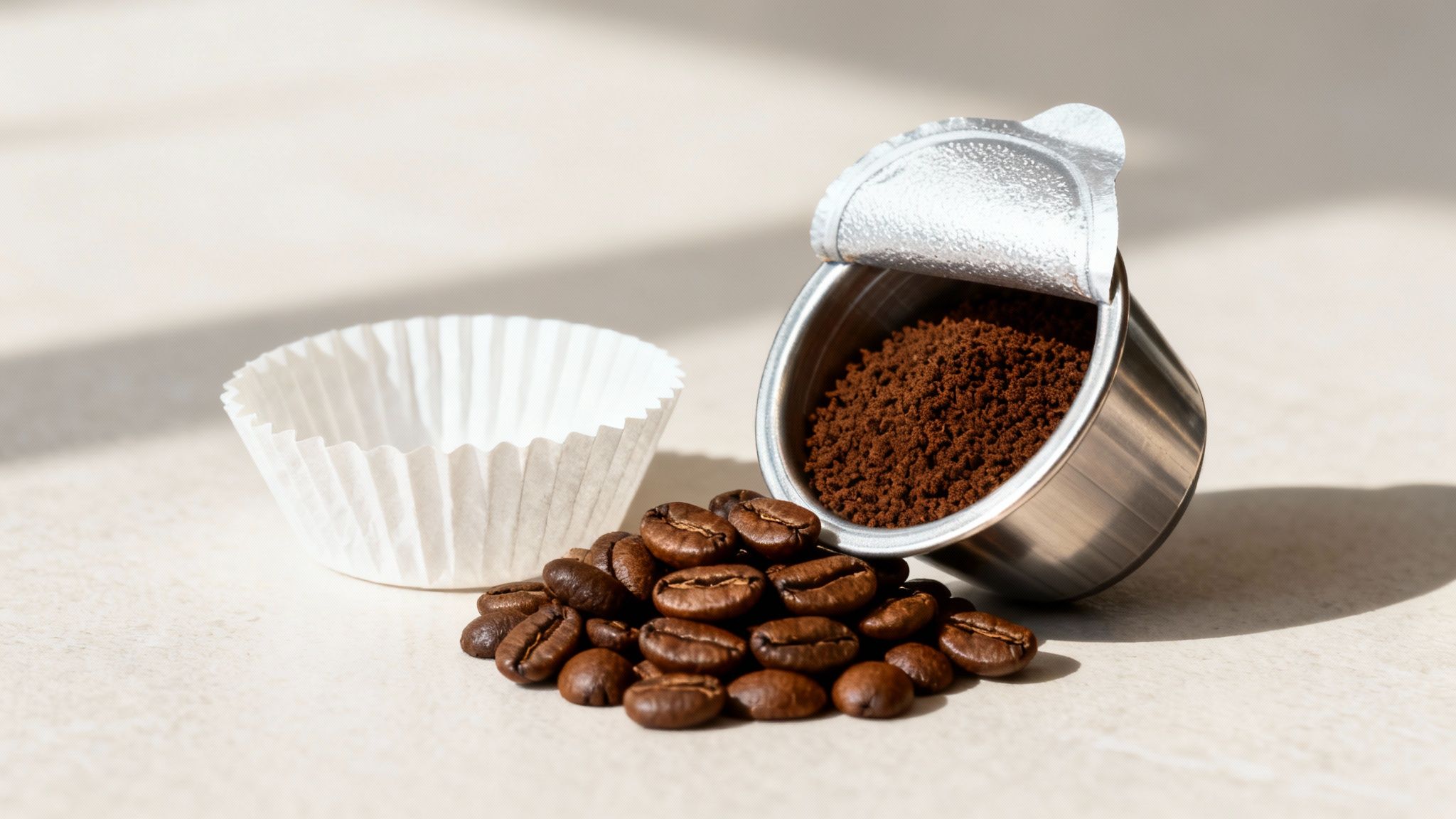 A metal coffee capsule filled with ground coffee, coffee beans, and a paper filter cup on a light surface.