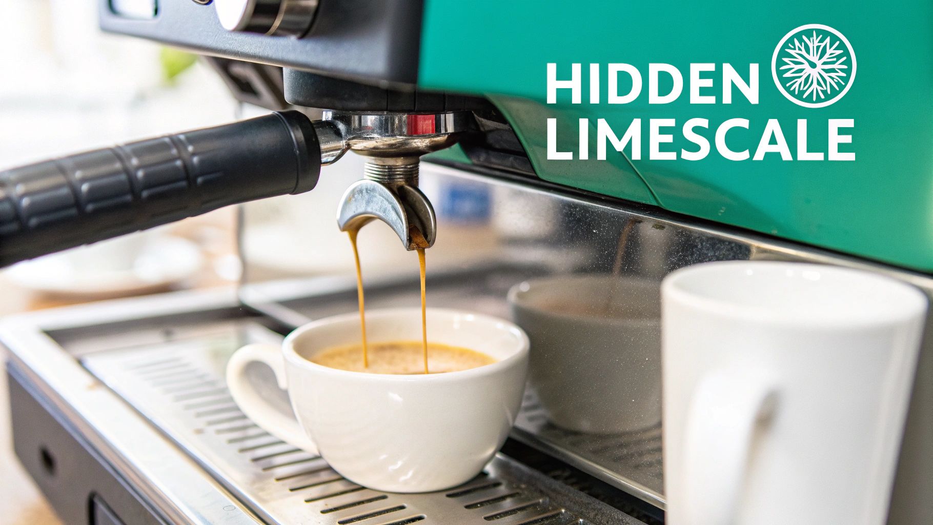 Espresso streams from a coffee machine's portafilter into a white cup, highlighting coffee preparation.