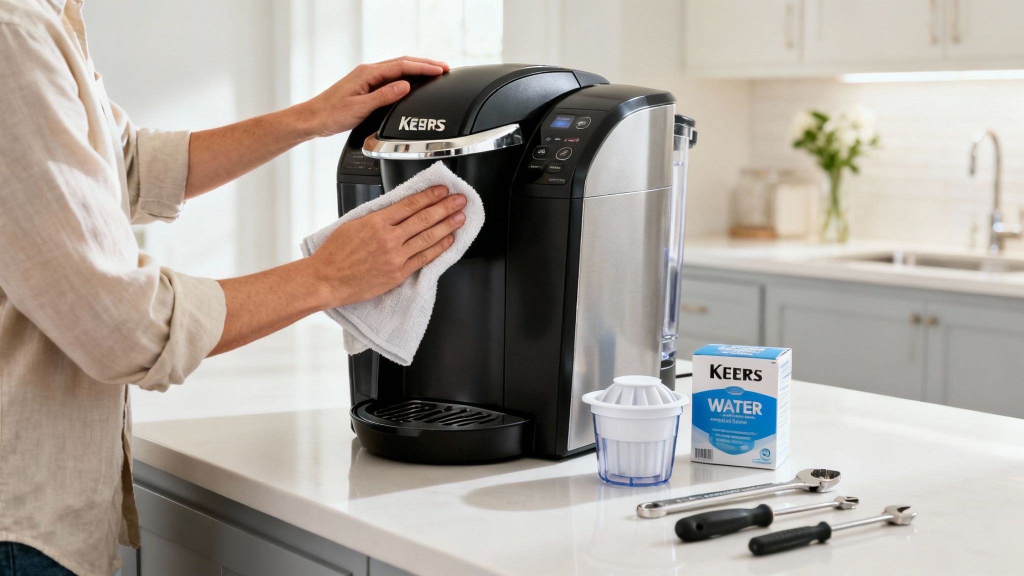 A person cleaning a black and silver Keurig coffee maker with a white towel on a kitchen counter.