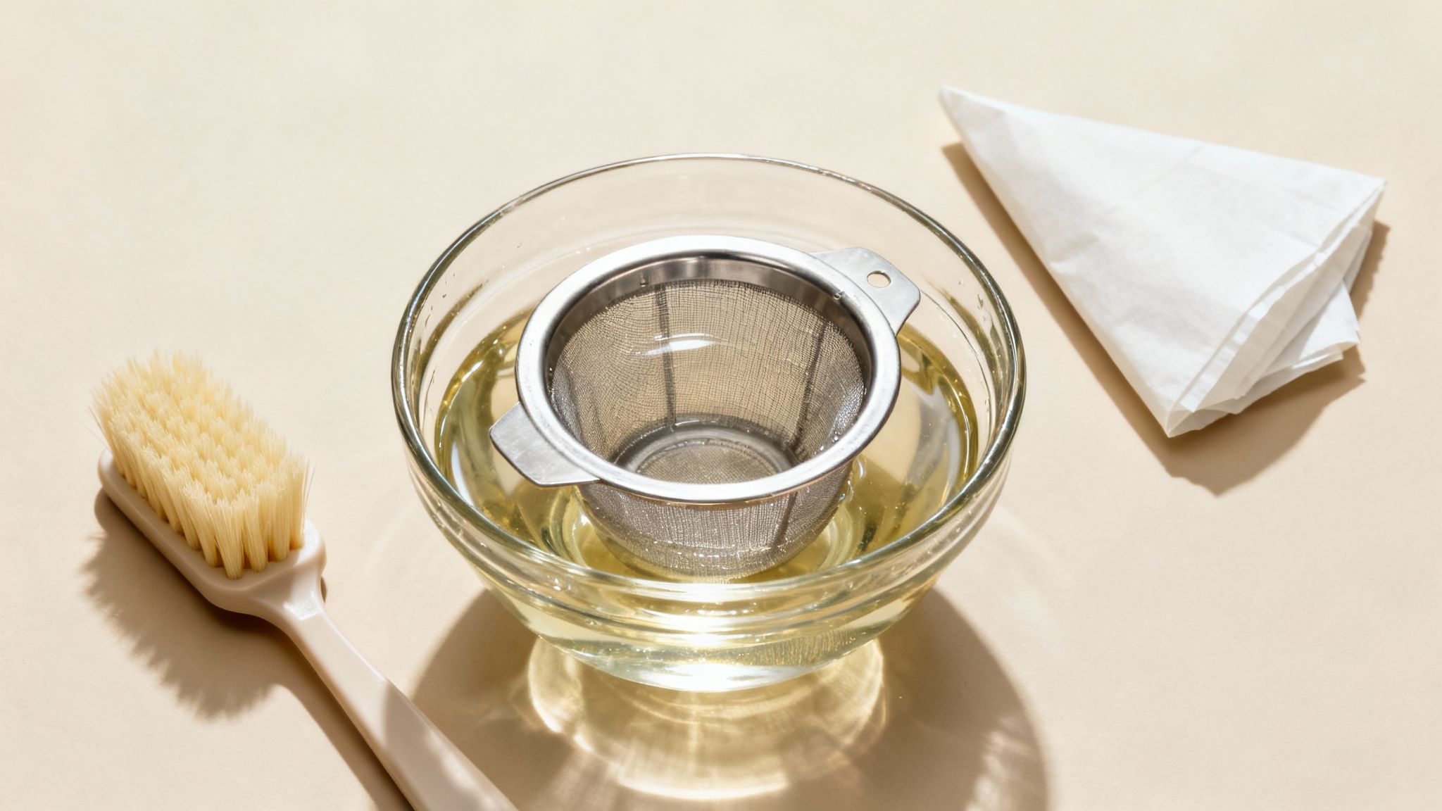 A metal tea infuser soaks in liquid in a glass bowl, with a brush and folded paper.