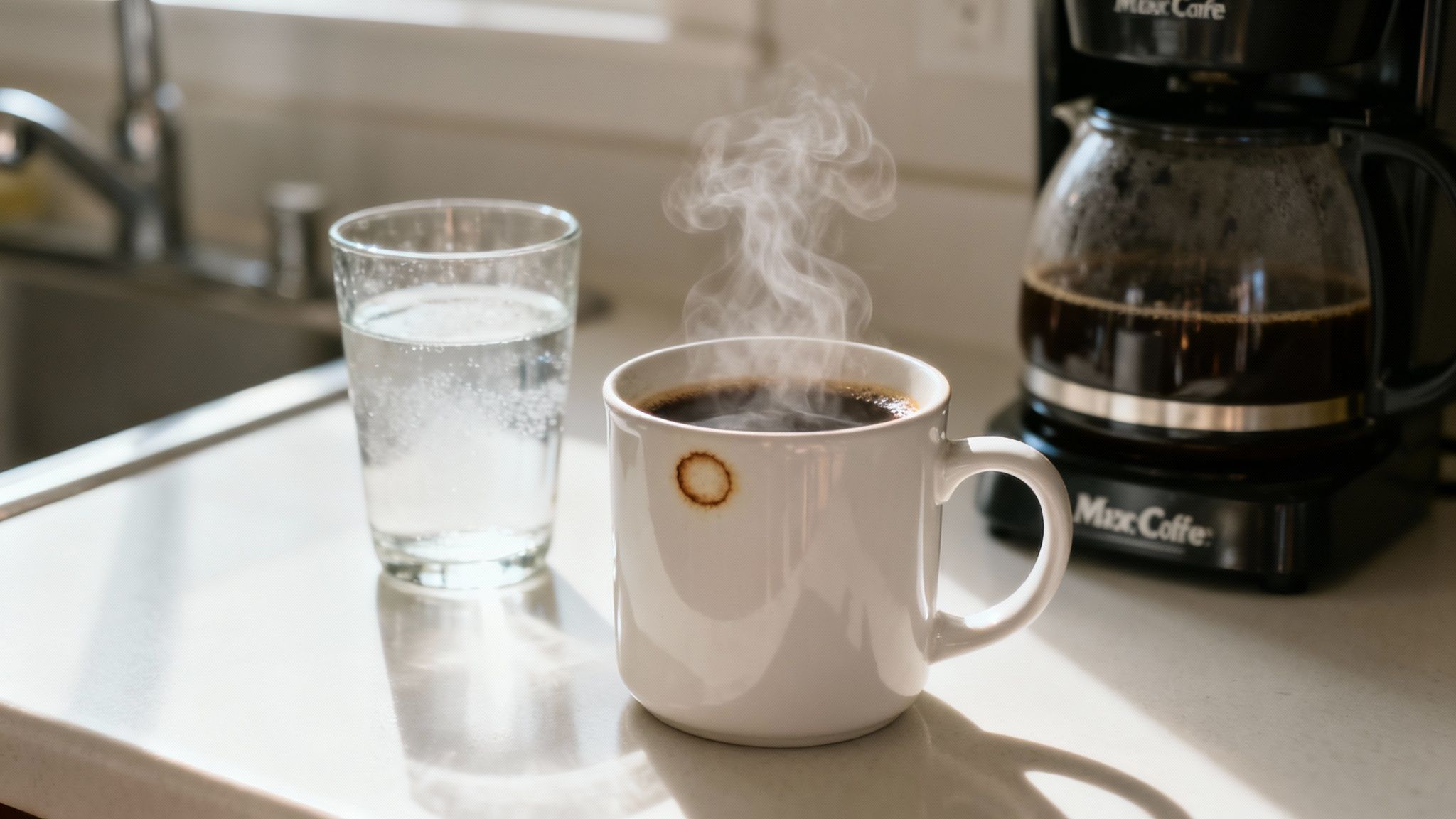 A steaming mug of coffee, a glass of water, and a coffee maker on a sunny kitchen counter.