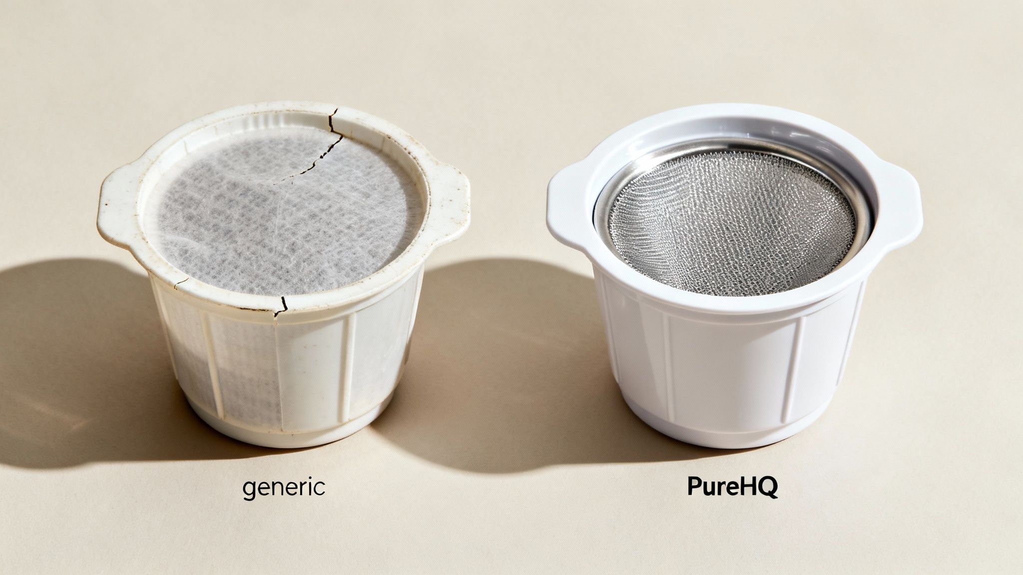 Comparison of a cracked generic paper coffee filter and a clean PureHQ reusable metal filter side by side.