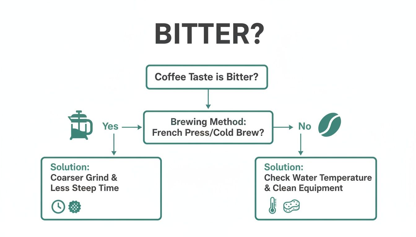 Flowchart troubleshooting bitter coffee taste, suggesting solutions based on brewing method and other factors.