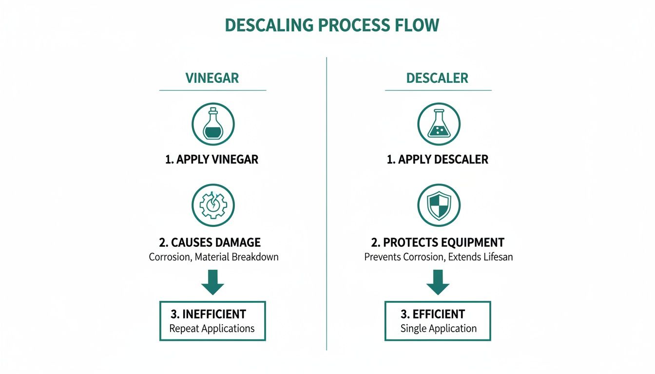 Flowchart comparing descaling with vinegar (damaging, inefficient) versus descaler (protective, efficient) for equipment maintenance.