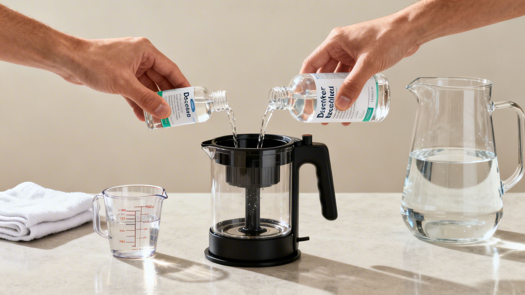 Two hands pour descaling solution from bottles into a transparent coffee maker for cleaning.