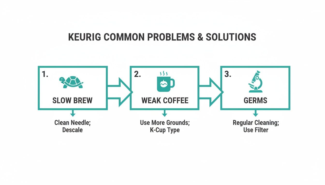 A flowchart illustrating common Keurig problems and their solutions, including slow brew, weak coffee, and germs.