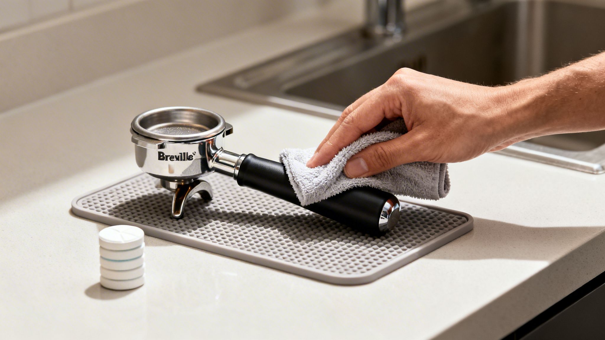A hand wiping a Breville espresso portafilter with a grey cloth on a silicon mat.