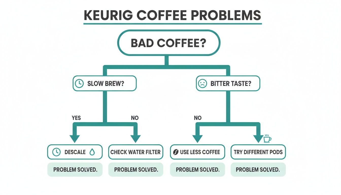 A flowchart diagram titled 'Keurig Coffee Problems' showing troubleshooting steps for slow brew and bad taste.
