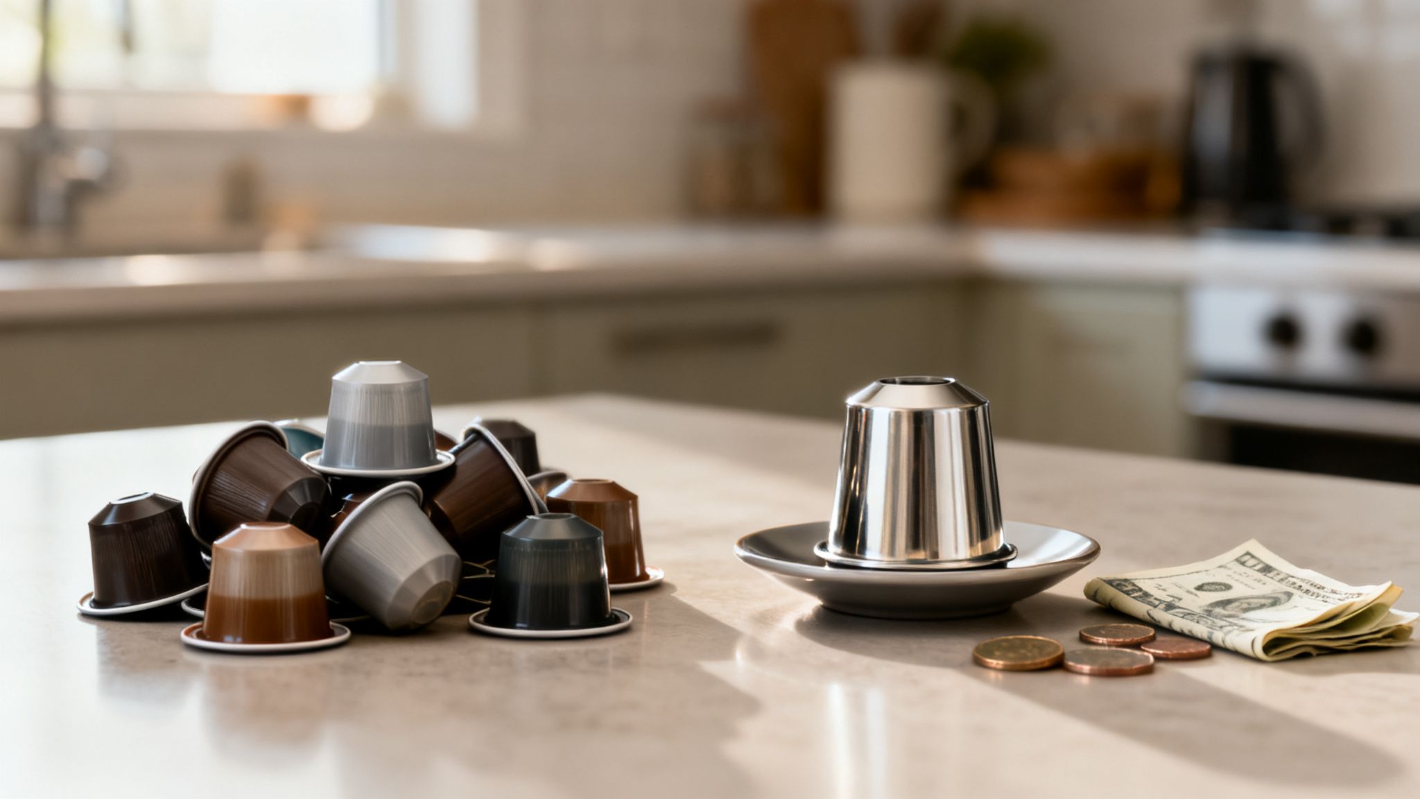 A pile of colorful coffee capsules next to a reusable metal pod and money on a kitchen counter.