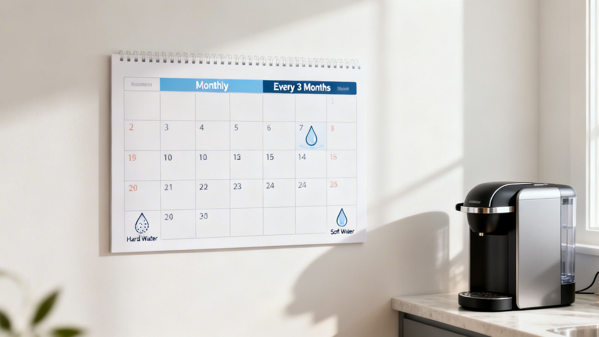 A calendar showing water maintenance reminders for a Keurig coffee maker on a white wall.