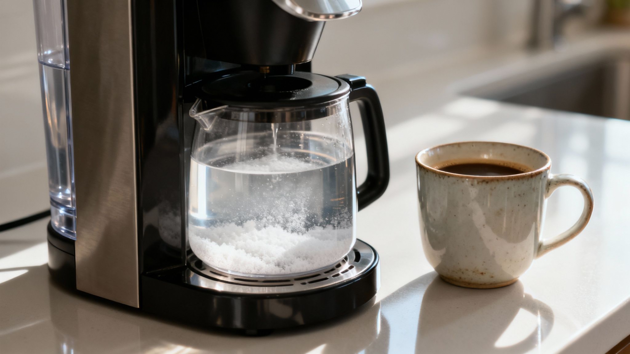 A coffee maker with a carafe full of water and cleaning solution, next to a mug of coffee on a sunlit counter.