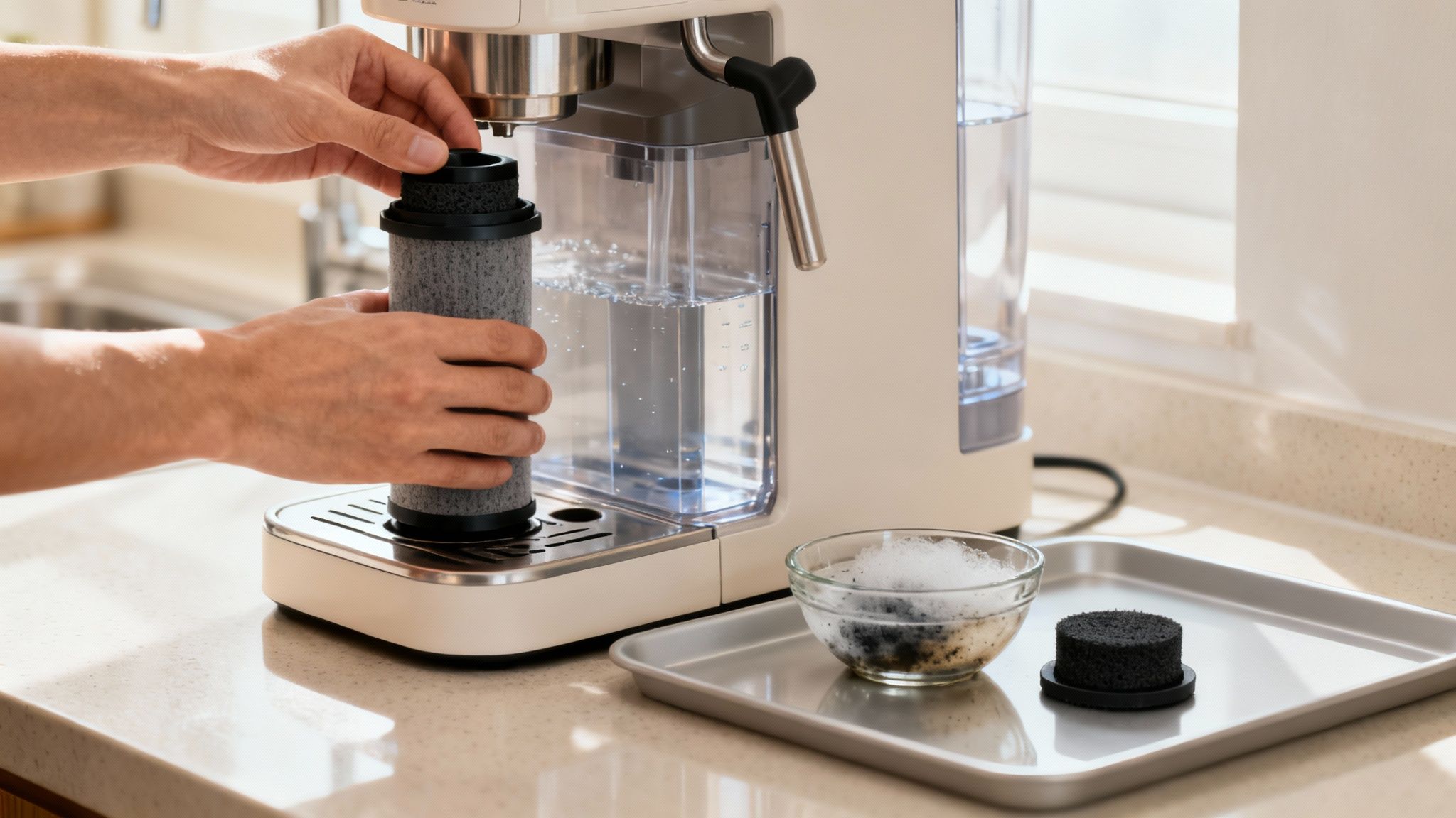 Hands placing a water filter into a white coffee machine, with a clear water tank visible.