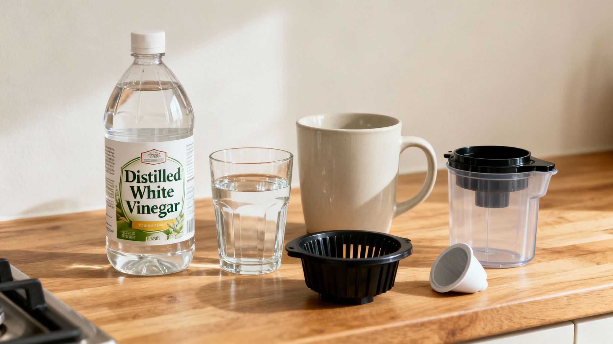 A bottle of distilled white vinegar, a glass of water, and coffee maker accessories.