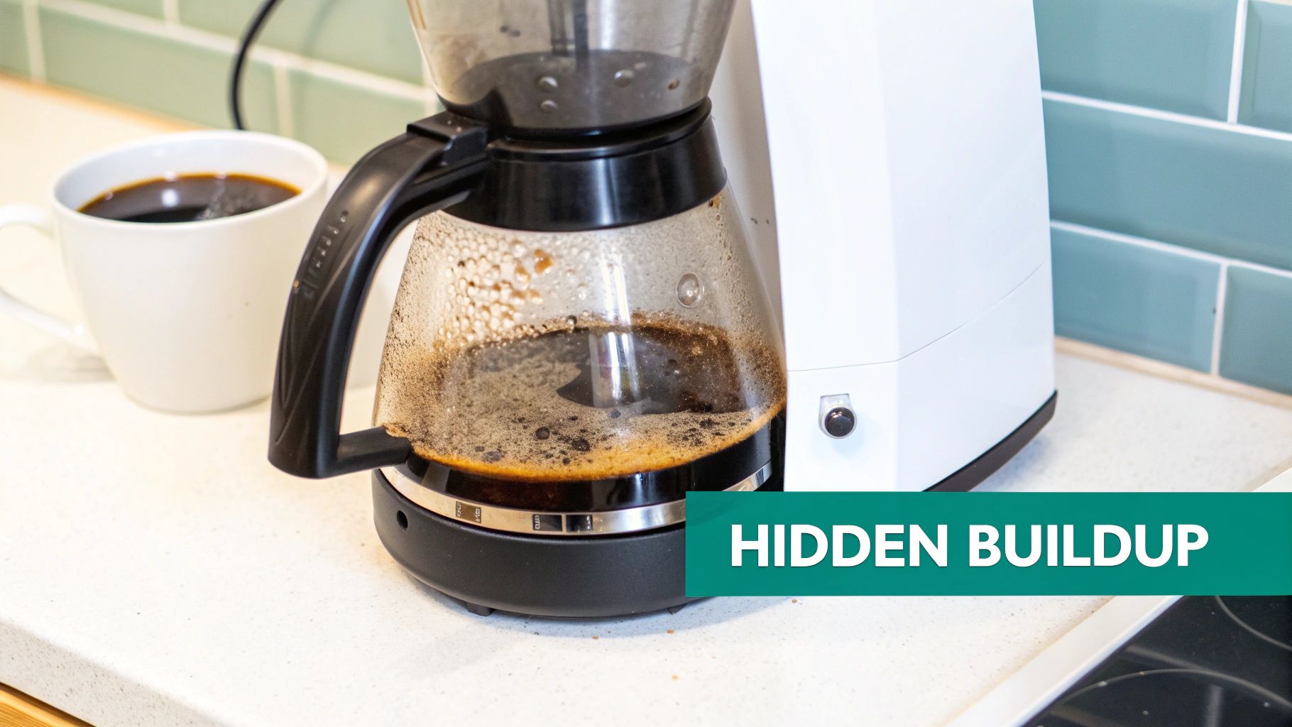 Close-up of a coffee maker carafe with coffee and visible buildup, next to a white coffee mug.