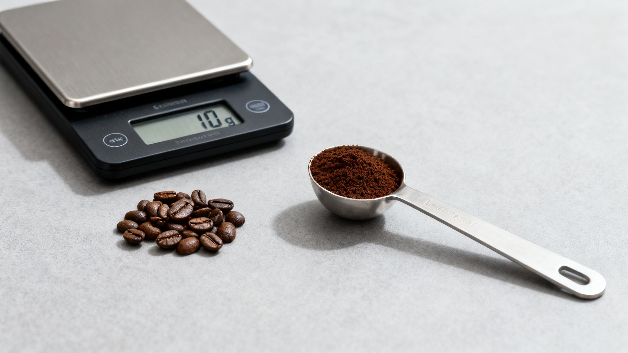 Digital scale showing 10g, with whole coffee beans and ground coffee in a measuring spoon.